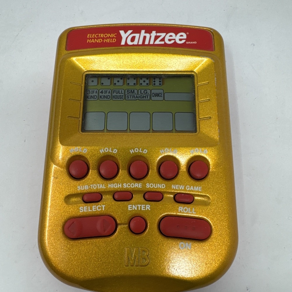 Vintage Yahtzee Electronic Handheld Game Gold & Red Hasbro 2002 Tested & Working